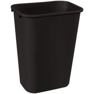 The Rubbermaid® Office Trash Can - 10 Gallon, Black has a sleek rectangular design with slightly tapered sides and a wide top opening, combining practicality and simple elegance for any office setting.