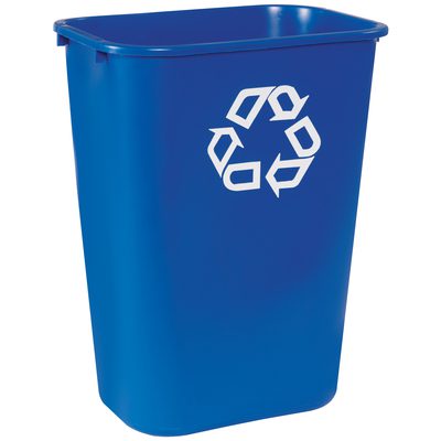 RUB151CBLU.jpg The Rubbermaid® Office Recycling Container - 10 Gallon, Blue, boasts a vivid hue and a bold white recycling symbol.