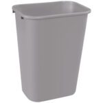 The Rubbermaid® Office Trash Can - 10 Gallon, Gray stands tall and rectangular against a white background, featuring a smooth surface with slightly rounded corners. Its simple design makes it ideal for indoor use.