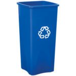 A 23-gallon, tall, blue Rubbermaid® Square Recycling Container with a white recycling symbol on the front; no lid included.