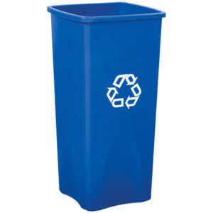 A 23-gallon, tall, blue Rubbermaid® Square Recycling Container with a white recycling symbol on the front; no lid included.