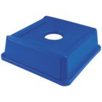 The Rubbermaid® Square Recycling Bottle and Can Lid, compatible with 35 and 50-gallon bins, features a circular opening for easy recycling of bottles and cans. Available in blue, its ideal for efficient waste management.