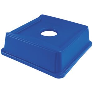 The Rubbermaid® Square Recycling Bottle and Can Lid, compatible with 35 and 50-gallon bins, features a circular opening for easy recycling of bottles and cans. Available in blue, its ideal for efficient waste management.