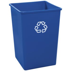 The Rubbermaid® Square Recycling Container - 35 Gallon, Blue, has a white recycling symbol on its front. Its rectangular design and smooth finish make it ideal for efficient waste management.