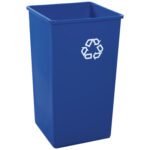The Rubbermaid® Square Recycling Container - 50 Gallon, Blue, showcases a vibrant blue color with a bold white recycling symbol on the front.