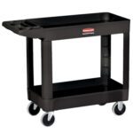 The Rubbermaid® Flat Handle Utility Cart (40 x 18 x 33) has two shelves, a compartmentalized top for organization, a flat handle for easy maneuvering, and four wheels. A small red and white label decorates its side.
