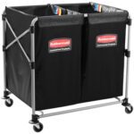 The Rubbermaid® Collapsible Basket Truck - (2) 4 Bushel has dual-compartment baskets in black, a sturdy wheeled metal frame, colored sorting labels, and a Rubbermaid Commercial Products label on each compartment.