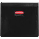 The Black Rubbermaid Commercial Products container, showcasing a rectangular design with a distinctive logo in white text on a red and black background, complements the Rubbermaid® Collapsible Basket Truck Replacement Liner - 8 Bushel perfectly.