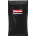 The Rubbermaid Collapsible Basket Truck Replacement Liner - 4 Bushel features a black design with a top flap closure, ideal for waste collection or storage. It includes a red and white logo on the front.