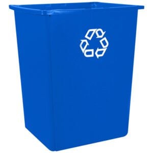 A Blue Rubbermaid® Glutton® Recycling Container - 56 Gallon, with a white universal recycling symbol on the front, stands ready for use.