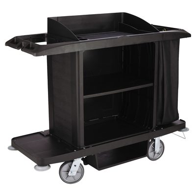 RUB197.jpg The Rubbermaid® Housekeeping Cart in sleek black, boasts four wheels, dual shelves, and a roomy covered compartment. Crafted from durable materials, its designed for easy mobility and efficient organization of cleaning supplies.