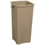 The Rubbermaid® Hands-Free Trash Can is a tall, 23-gallon, rectangular beige bin featuring a slightly flared top and smooth surface, with a small handle near the top on one side. It stands firmly and casts a soft shadow.