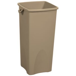 The Rubbermaid® Hands-Free Trash Can is a tall, 23-gallon, rectangular beige bin featuring a slightly flared top and smooth surface, with a small handle near the top on one side. It stands firmly and casts a soft shadow.