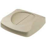 The Rubbermaid® Hands-Free Trash Can Lid - 23 Gallon, Beige includes a centrally placed oval swing top for easy waste disposal.