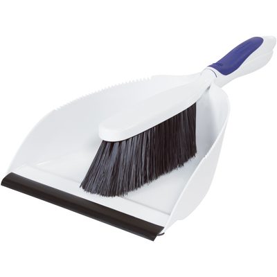 RUB254.jpg The Rubbermaid® Counter Brush Combo includes a white dustpan with a rubber edge and a complementary brush with black bristles and a blue handle. The brush fits neatly inside the dustpan, ideal for efficiently cleaning small debris.