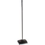 The Rubbermaid® Single-Action Sweeper is a black manual carpet cleaner with a long handle and compact rectangular head, ideal for efficient floor cleaning without electricity.