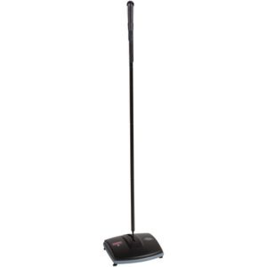 The Rubbermaid® Single-Action Sweeper is a black manual carpet cleaner with a long handle and compact rectangular head, ideal for efficient floor cleaning without electricity.