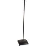The Rubbermaid® Dual-Action Bristle Sweeper is a black manual carpet sweeper with a long handle and wide base, designed for easy, electricity-free cleaning of floors and carpets.