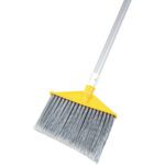 The Rubbermaid® Angled Broom - Metal Handle (56L) has a yellow head, gray synthetic bristles for efficient cleaning, and a durable 56 metal handle.