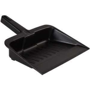 The Rubbermaid Heavy-Duty Dust Pan, 16, features a black plastic design with a textured handle and ridged interior for efficient debris collection.