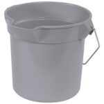The Rubbermaid® Utility Bucket with Spout - 10 Quart is shown in gray plastic and equipped with a metal handle. Its features include a pouring spout, reinforced rim, and smooth cylindrical shape standing empty.