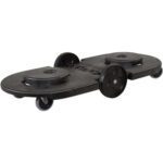 The Rubbermaid® Brute® Tandem Dolly is a black plastic dolly with an elongated base, four wheels (two large, two small), and two circular platforms for stability, ideal for moving large items or packages.