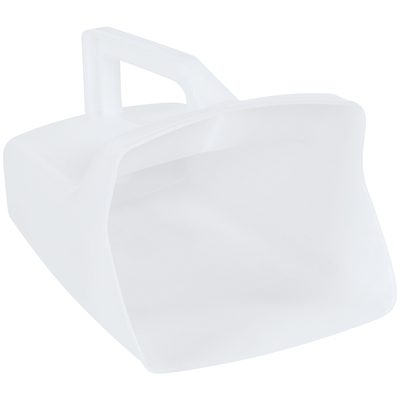 RUB275.jpg The MH-USA Utility Plastic Scoop - 64 oz. is a white dustpan featuring a wide opening for debris collection and a conveniently placed handle at the back for easy gripping.