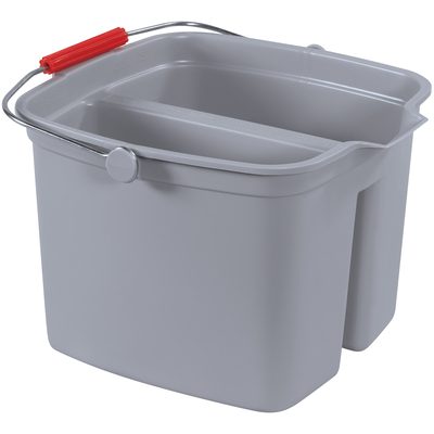 RUB280.jpg The Rubbermaid® Double Utility Pail - 17 Quart, Gray, features dual sections for clean and dirty water separation and includes a metal handle with a red plastic grip for easy handling.
