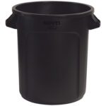 A Rubbermaid® Brute® Trash Can, 10 Gallon and Black with two side handles, sits against a plain white background.