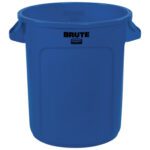 A 10-gallon blue Rubbermaid® Brute® Trash Can with BRUTE branding, features a durable cylindrical design and two handles near the top on opposite sides for easy handling.