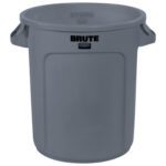 Displayed is a 10-gallon, gray Rubbermaid® Brute® Trash Can with side handles and BRUTE prominently featured on the front.