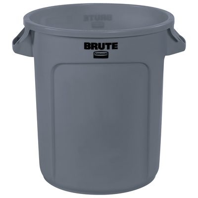 RUB310CGR.jpg Displayed is a 10-gallon, gray Rubbermaid® Brute® Trash Can with side handles and BRUTE prominently featured on the front.