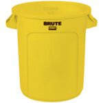 The Rubbermaid® Brute® Trash Can - 10 Gallon, Yellow is a bright yellow can with BRUTE in black at the top and includes side handles for easy lifting.