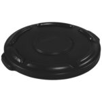 The Rubbermaid Brute Flat Trash Can Lid, designed for 10-gallon cans, is black and round with a raised grip for secure handling. It features curved edges and a handle for easy lifting, offering heavy-duty durability ideal for everyday use.