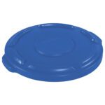 The Rubbermaid® Brute® Flat Trash Can Lid - 10 Gallon, Blue is a round, blue plastic lid with a textured surface, four spaced ridges on the edge, and a small side handle for easy lifting.