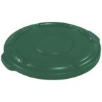 Green, round plastic lid for Rubbermaid Brute 10 Gallon Trash Can. Features a raised edge with an embossed brand name, a smooth flat surface with subtle ridges, and two small raised handles along the edge.