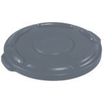 This gray Rubbermaid® Brute® Flat Trash Can Lid fits a 10-gallon can, featuring textured grips and a raised center with BRUTE embossed prominently.