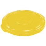 The Rubbermaid Brute Flat Trash Can Lid, designed for a 10-gallon container, is yellow and round with grooved edges for a secure fit. Ideal for waste management needs.