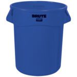 The Rubbermaid® Brute® Trash Can - 20 Gallon, Blue, comes with two durable side handles and has BRUTE printed at the top, highlighting its durability and quality in waste management.
