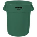A large green Rubbermaid® Brute® Trash Can - 20 Gallon with BRUTE printed in black, featuring two side handles for easy lifting.