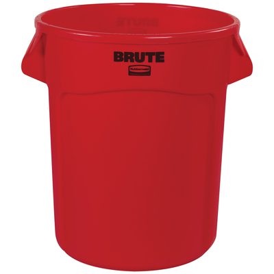 RUB320CR.jpg The Rubbermaid® Brute® Trash Can - 20 Gallon, Red, has a cylindrical design with two sturdy side handles. It features BRUTE in bold black near the top and the prominent Rubbermaid logo below.