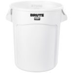 The Rubbermaid® Brute® Trash Can - 20 Gallon, White, is a cylindrical bin with two sturdy side handles and BRUTE printed in bold black near the top.