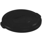 The Rubbermaid® Brute® 20 Gallon Lid is a durable, round black plastic lid with handles, textured edges, and a central recessed area displaying BRUTE, designed for a secure fit on large bins.