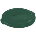 The Rubbermaid® Brute® Flat Trash Can Lid, 20 Gallon, Green, is round and embossed with BRUTE. It features multiple raised ridges and two handles for easy lifting.