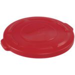 The Rubbermaid® Brute® Flat Trash Can Lid is red and fits a 20-gallon round can. It has two raised handles, a textured surface with a circular pattern, and BRUTE embossed at the center.