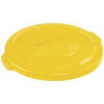 The Rubbermaid® Brute® Flat Trash Can Lid - 20 Gallon, Yellow, is circular with raised edges and embossed text. It includes two small handles on opposite sides for functionality and style.