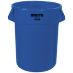 The Rubbermaid® Brute® 32 Gallon Trash Can is a large, round blue can with two side handles and an open top. BRUTE is printed in black on the front, emphasizing its durability.