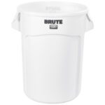 The Rubbermaid® Brute® Trash Can is a 32-gallon white plastic container with side handles, known for its sturdy round shape and durable construction.