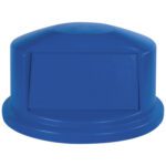 The Rubbermaid® Brute® Domed Trash Can Lid - 32 Gallon, Blue, features a central swing door for easy waste disposal and has a rounded top with a flat base for secure attachment.
