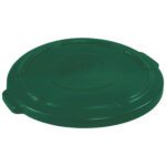 The Rubbermaid® Brute® Flat Trash Can Lid - 32 Gallon, Green, is a round plastic lid featuring a circular raised pattern and two molded handles for easy lifting.
